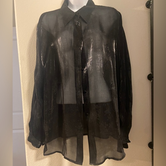Karen Scott Black Floral Detail Sheer Long Sleeve Button Down - Picture 1 of 8